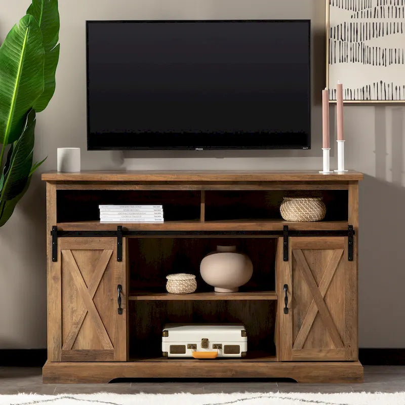 Meuble TV haut de 52 pouces avec porte coulissante de style grange