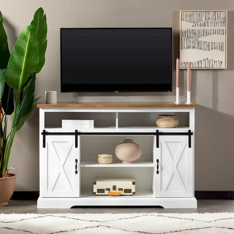 Meuble TV haut de 52 pouces avec porte coulissante de style grange