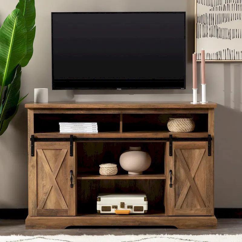 Meuble TV haut de 52 pouces avec porte coulissante de style grange