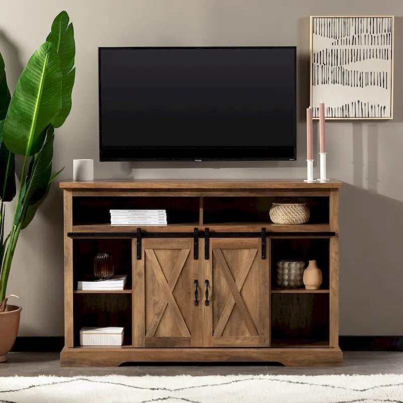 Meuble TV haut de 52 pouces avec porte coulissante de style grange