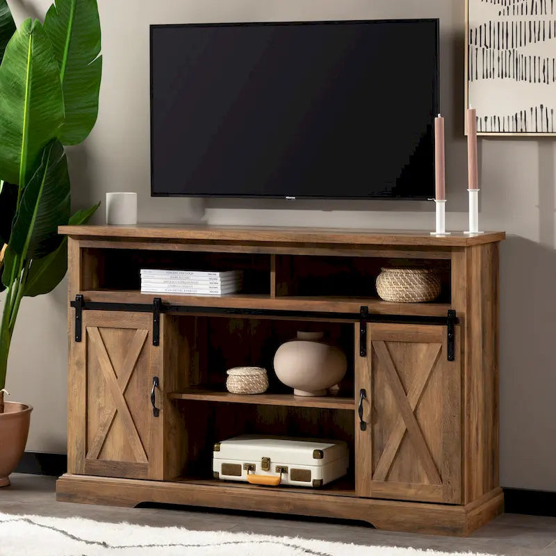Meuble TV haut de 52 pouces avec porte coulissante de style grange