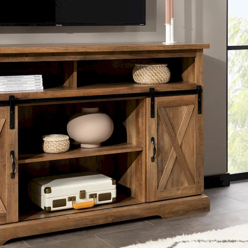 Meuble TV haut de 52 pouces avec porte coulissante de style grange
