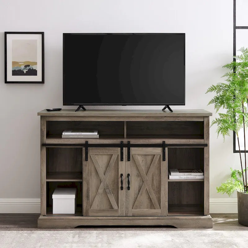 Meuble TV haut de 52 pouces avec porte coulissante de style grange