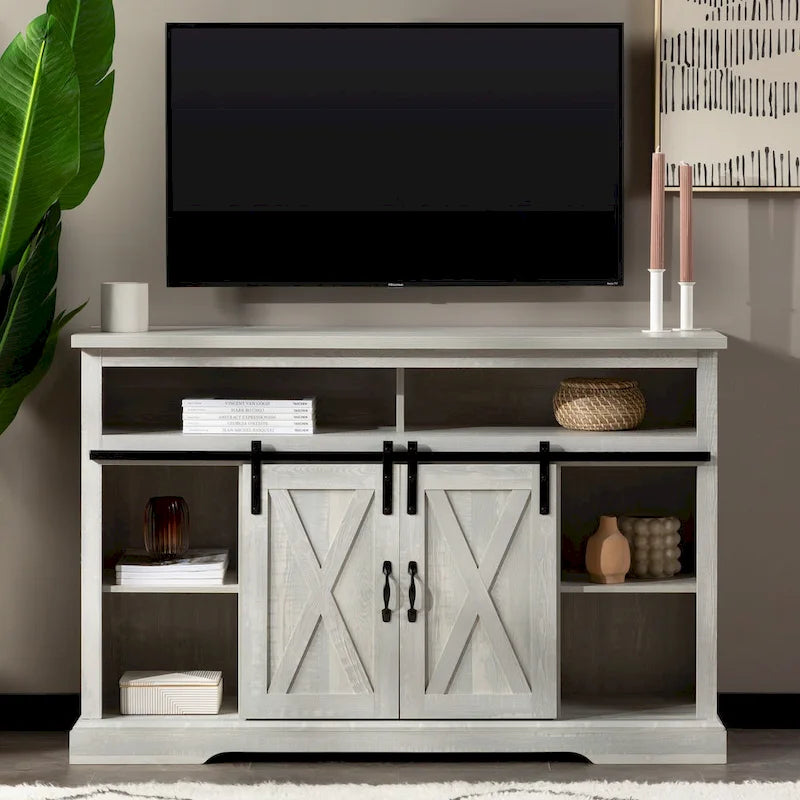 Meuble TV haut de 52 pouces avec porte coulissante de style grange