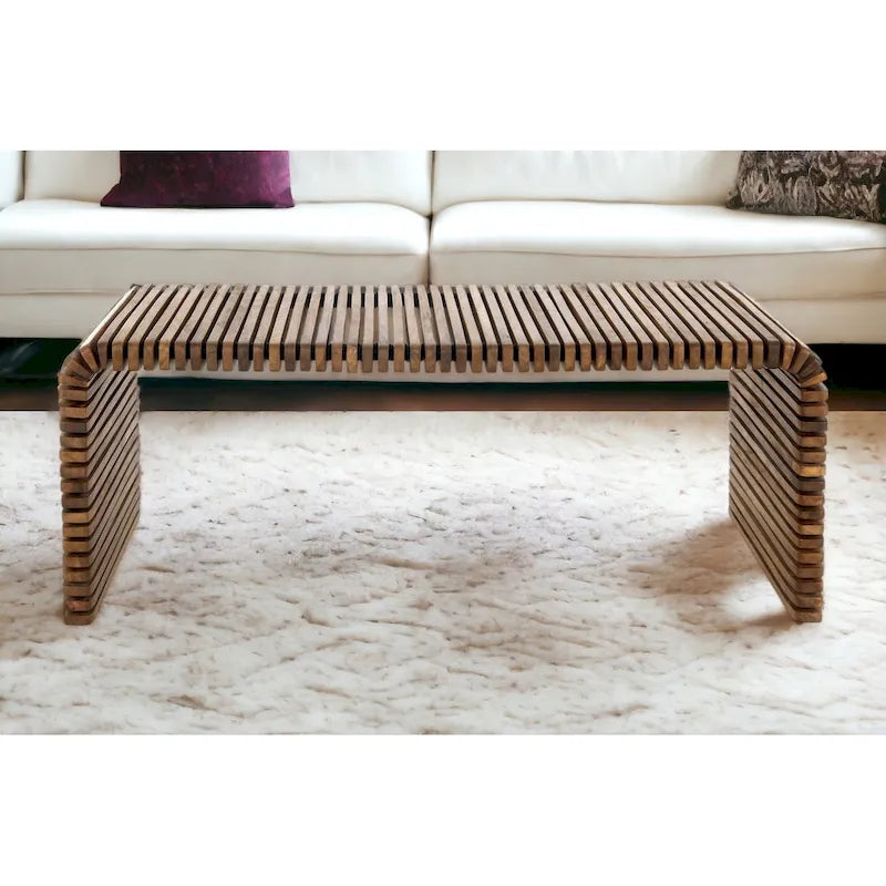 Table basse rayée en bois massif marron de 26 pouces