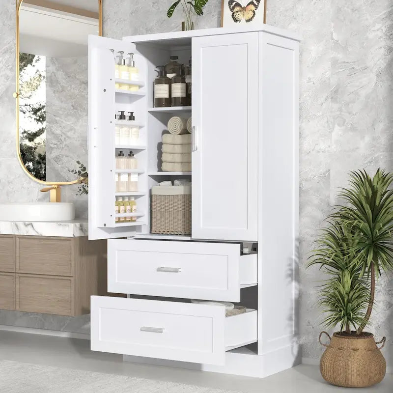 Meuble de rangement haut de salle de bain avec deux portes et tiroirs, étagère réglable, MDF