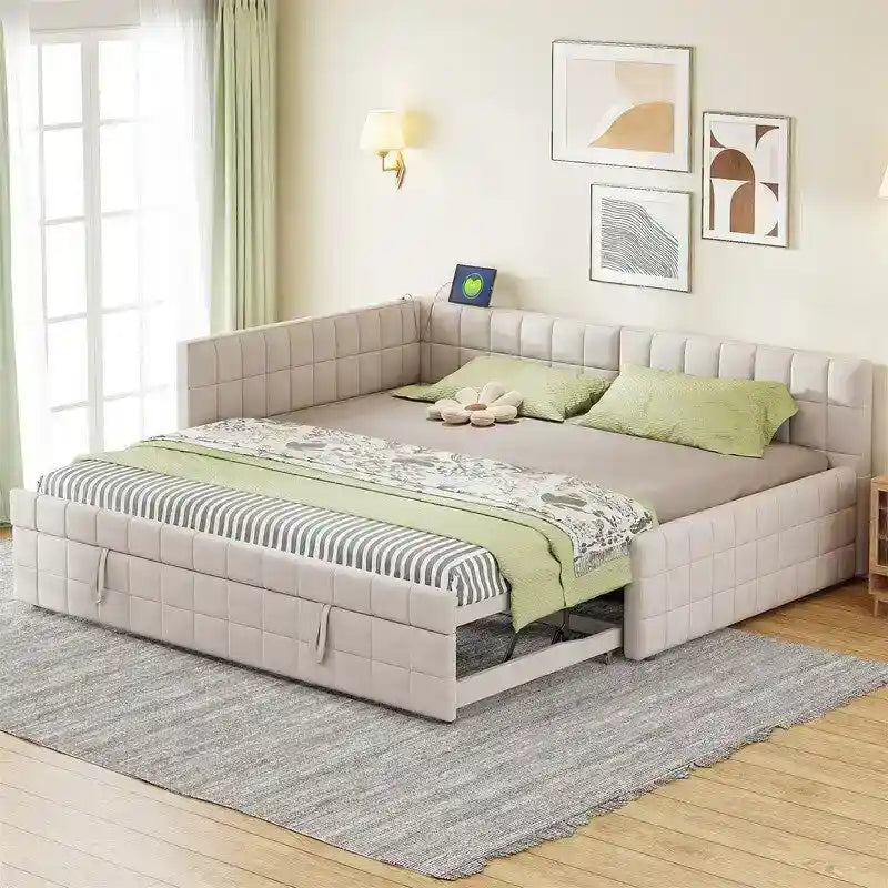 Lit de repos capitonné pleine grandeur avec lit gigogne double escamotable et ports USB