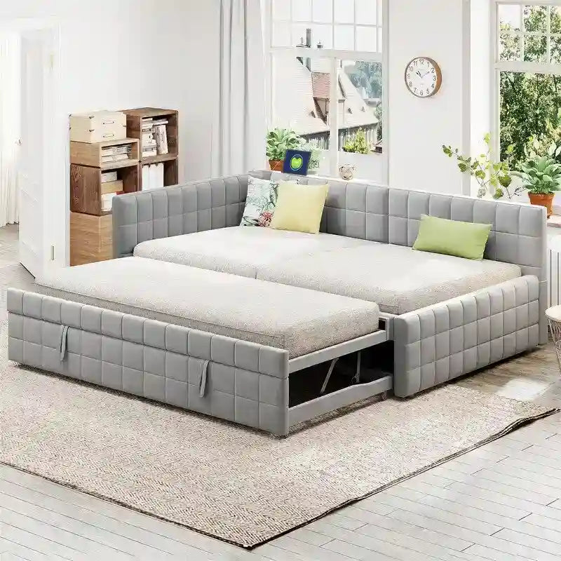 Lit de repos capitonné pleine grandeur avec lit gigogne double escamotable et ports USB