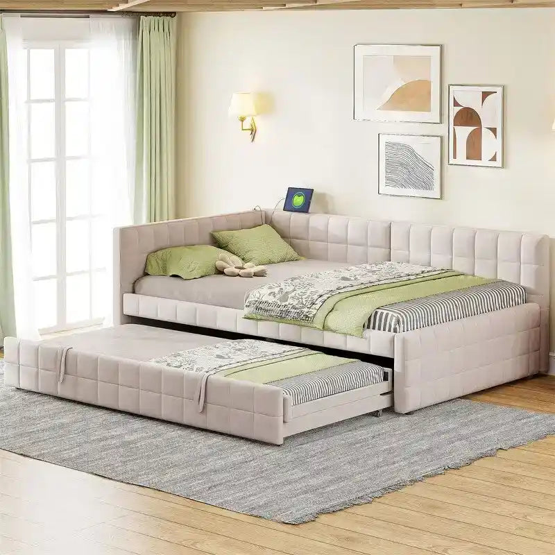 Lit de repos capitonné pleine grandeur avec lit gigogne double escamotable et ports USB