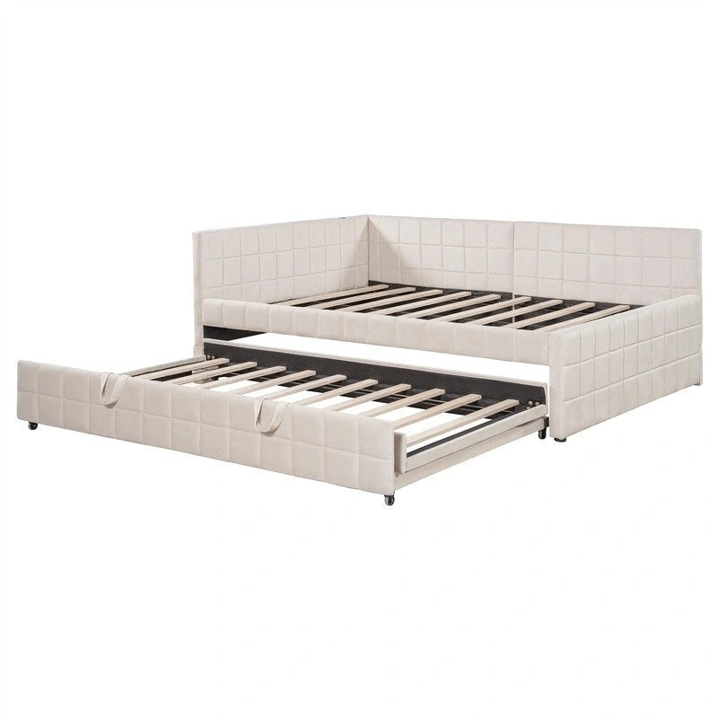 Lit de repos capitonné pleine grandeur avec lit gigogne double escamotable et ports USB