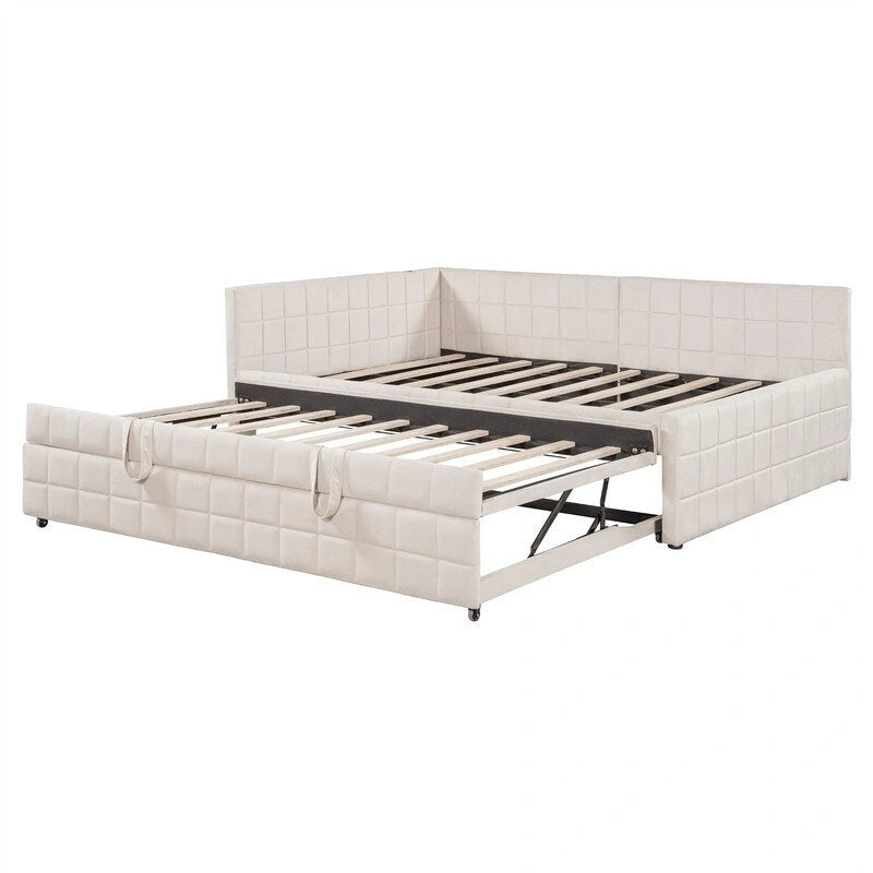 Lit de repos capitonné pleine grandeur avec lit gigogne double escamotable et ports USB