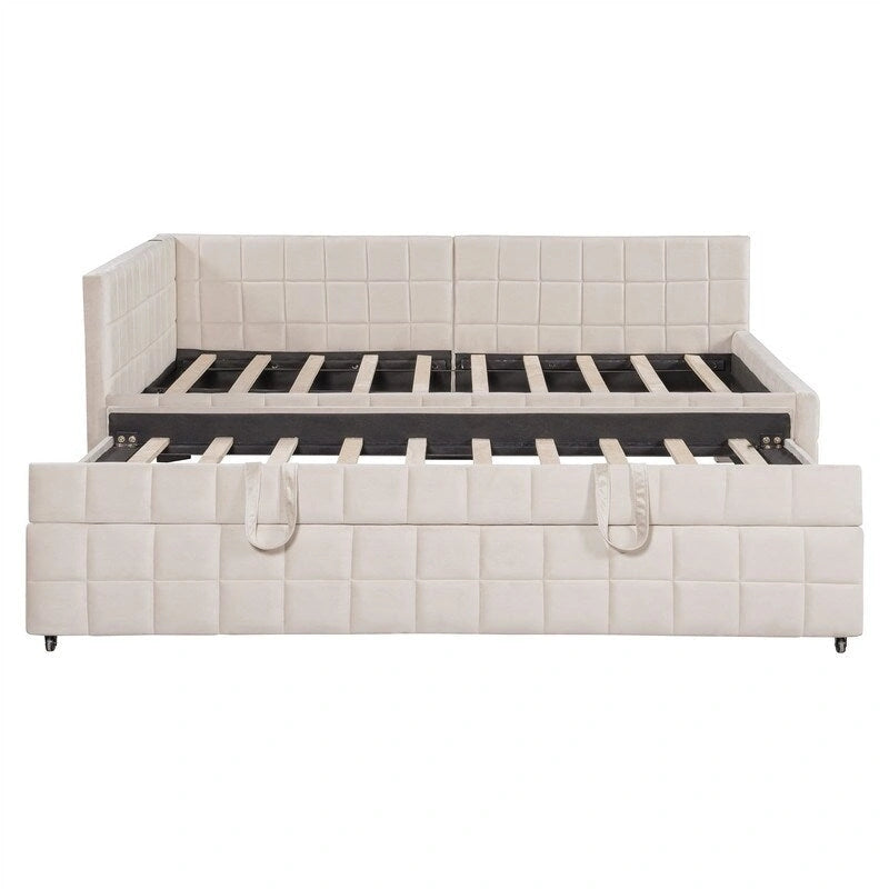 Lit de repos capitonné pleine grandeur avec lit gigogne double escamotable et ports USB