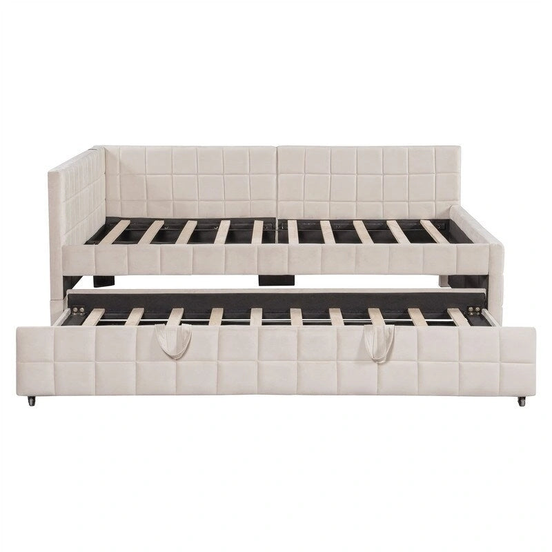 Lit de repos capitonné pleine grandeur avec lit gigogne double escamotable et ports USB