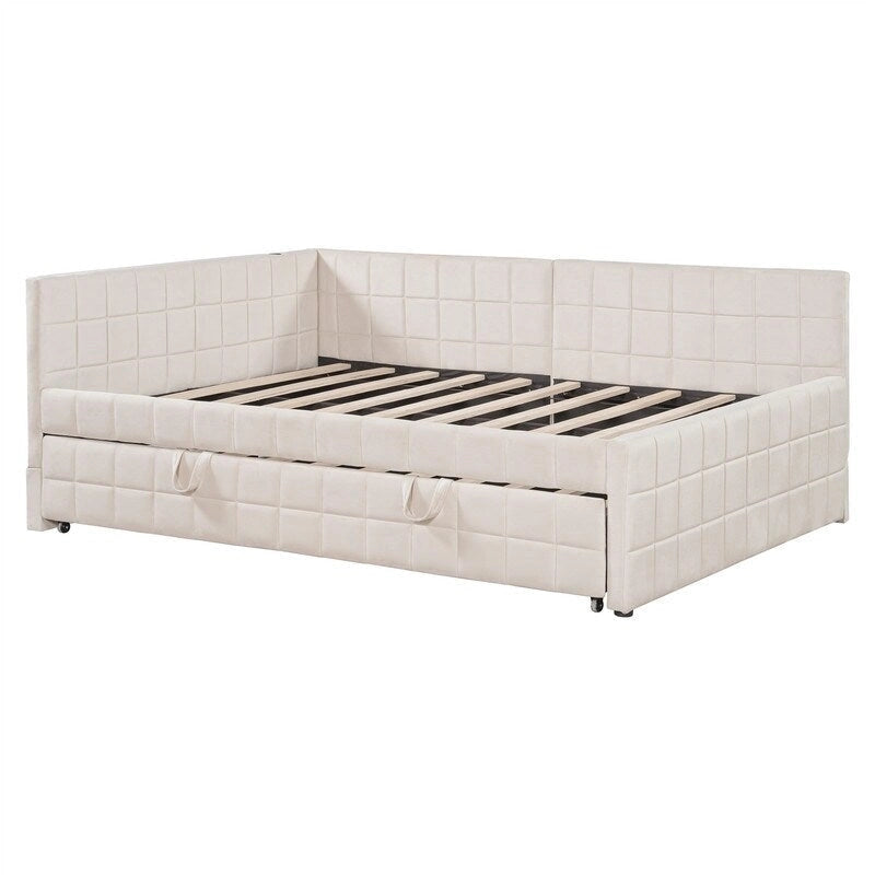 Lit de repos capitonné pleine grandeur avec lit gigogne double escamotable et ports USB