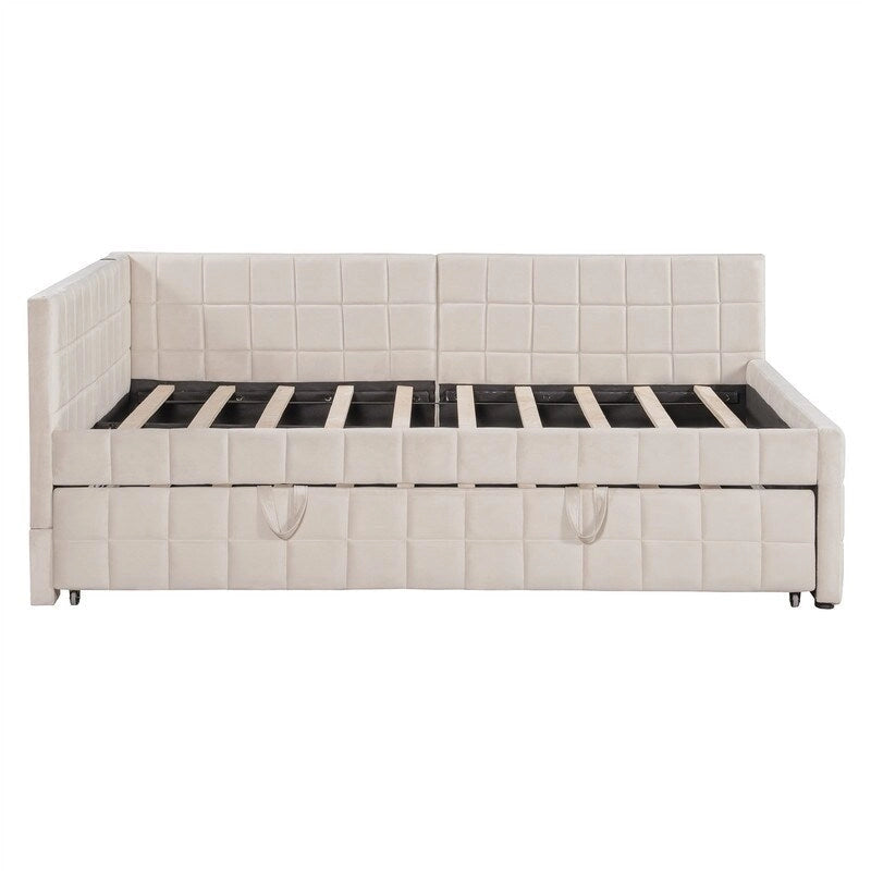 Lit de repos capitonné pleine grandeur avec lit gigogne double escamotable et ports USB