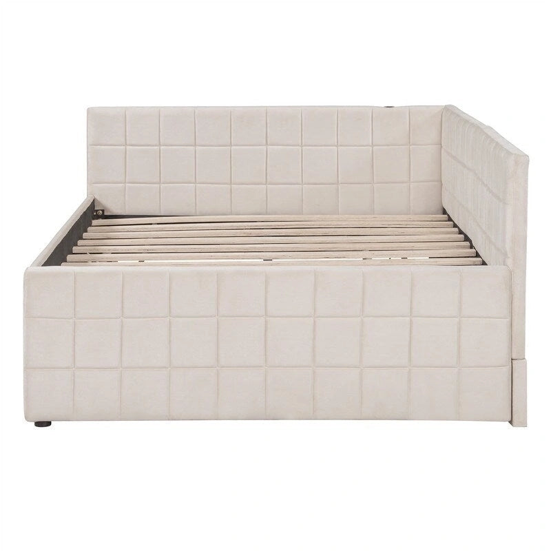 Lit de repos capitonné pleine grandeur avec lit gigogne double escamotable et ports USB