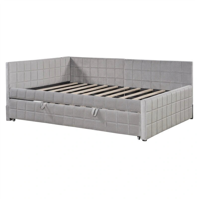 Lit de repos capitonné pleine grandeur avec lit gigogne double escamotable et ports USB