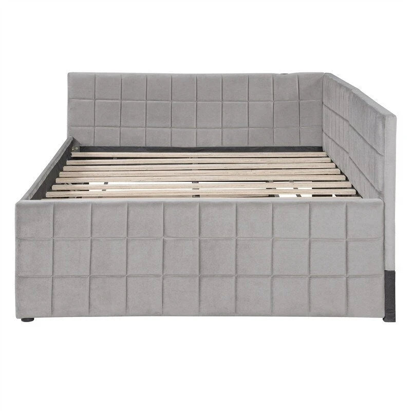 Lit de repos capitonné pleine grandeur avec lit gigogne double escamotable et ports USB