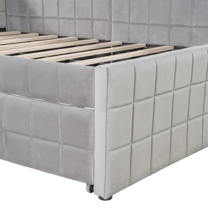 Lit de repos capitonné pleine grandeur avec lit gigogne double escamotable et ports USB