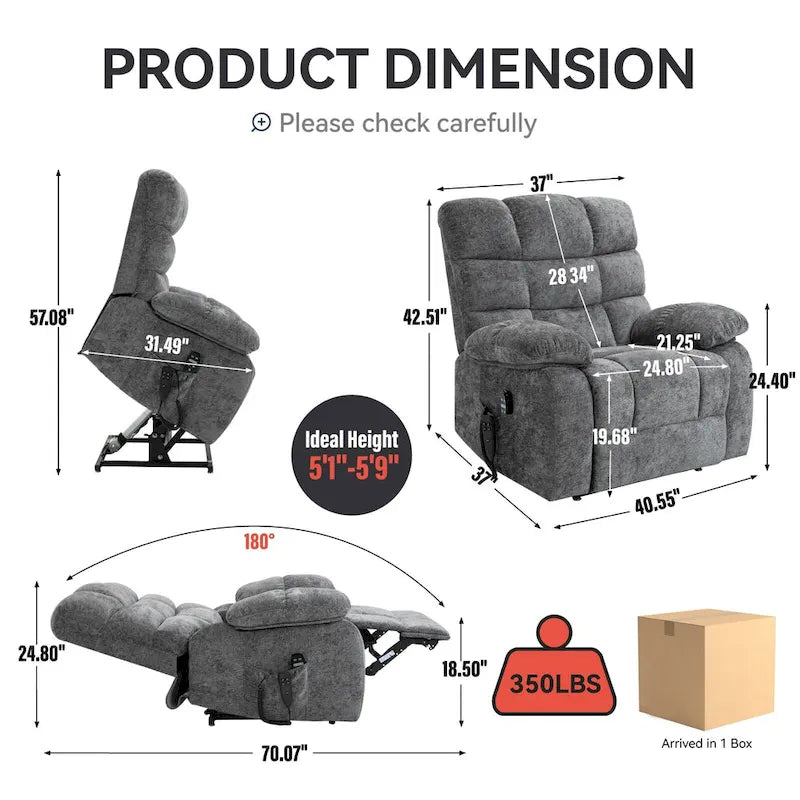 Fauteuil inclinable releveur avec massage et chauffage, double moteur, tissu chenille