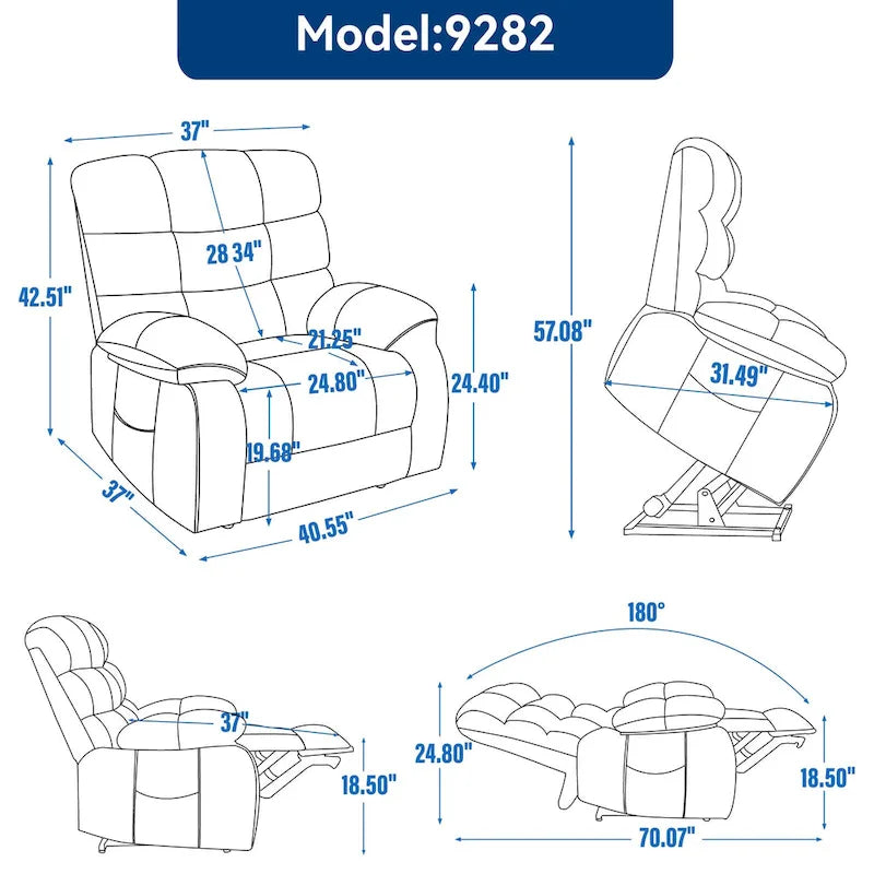Fauteuil inclinable releveur avec massage et chauffage, double moteur, tissu chenille