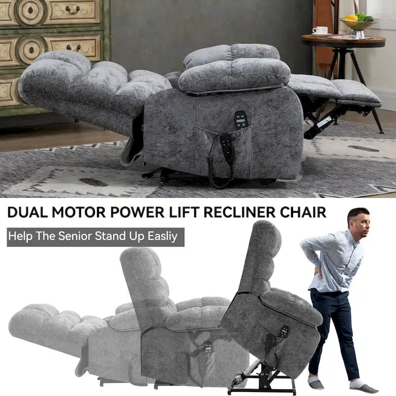 Fauteuil inclinable releveur avec massage et chauffage, double moteur, tissu chenille