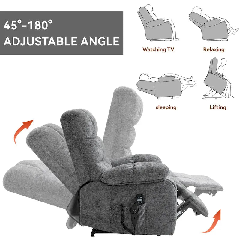 Fauteuil inclinable releveur avec massage et chauffage, double moteur, tissu chenille