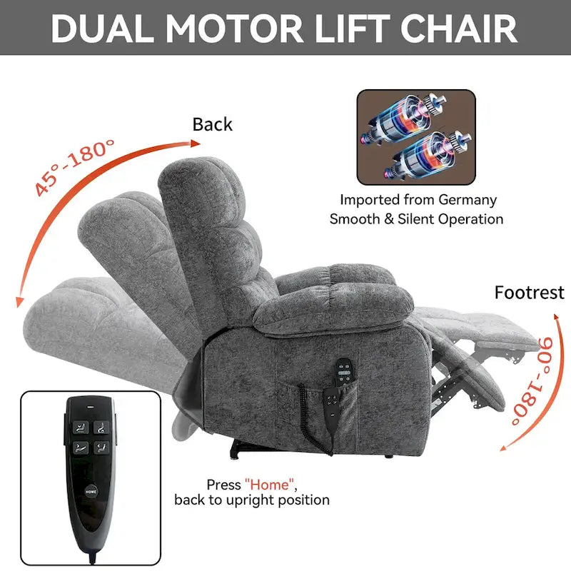 Fauteuil inclinable releveur avec massage et chauffage, double moteur, tissu chenille