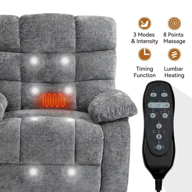 Fauteuil inclinable releveur avec massage et chauffage, double moteur, tissu chenille