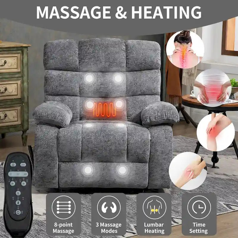 Fauteuil inclinable releveur avec massage et chauffage, double moteur, tissu chenille