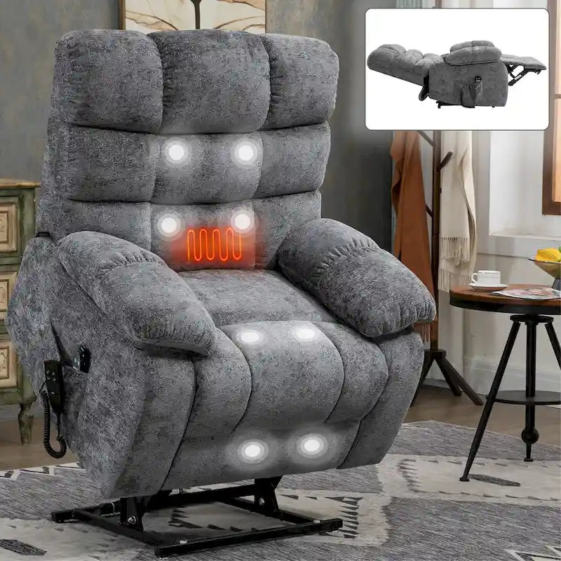 Fauteuil inclinable releveur avec massage et chauffage, double moteur, tissu chenille