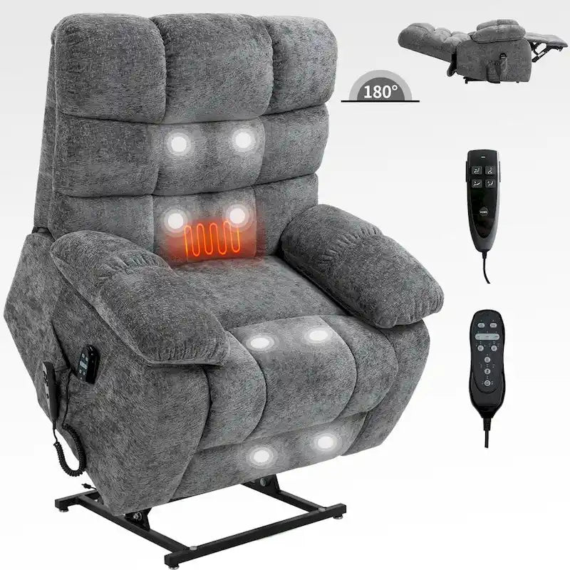 Fauteuil inclinable releveur avec massage et chauffage, double moteur, tissu chenille