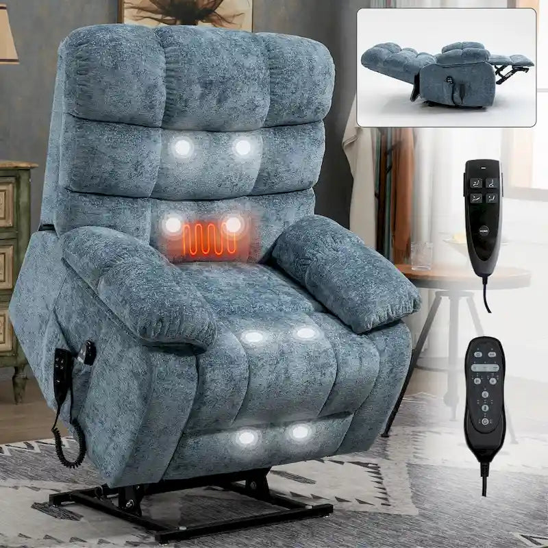 Fauteuil inclinable releveur avec massage et chauffage, double moteur, tissu chenille