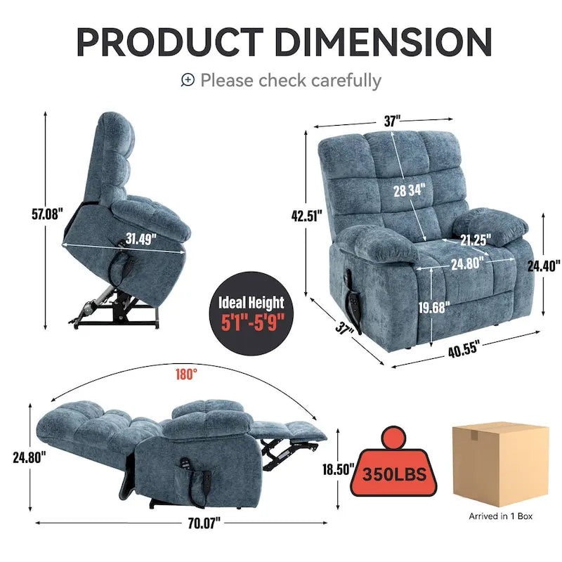 Fauteuil inclinable releveur avec massage et chauffage, double moteur, tissu chenille