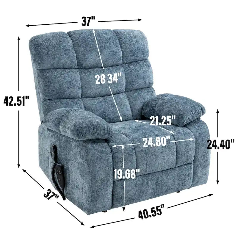 Fauteuil inclinable releveur avec massage et chauffage, double moteur, tissu chenille