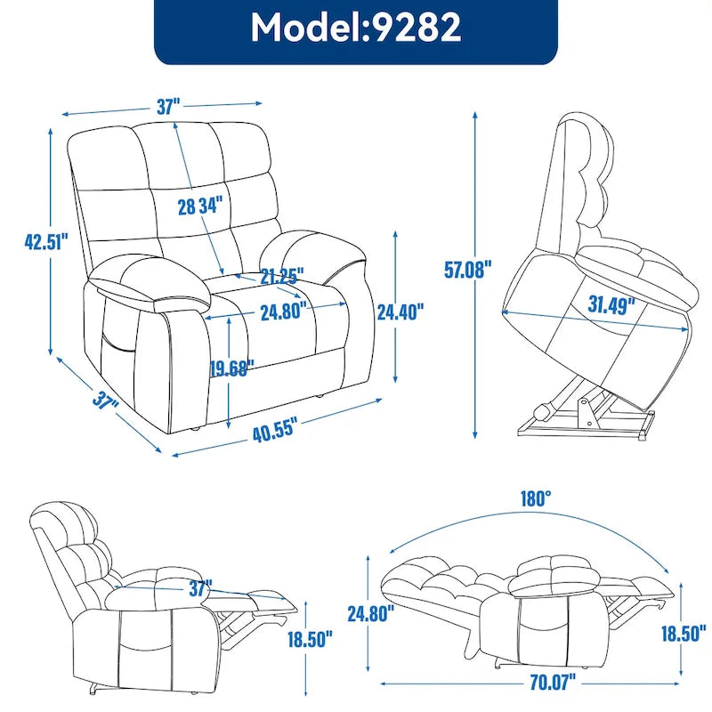 Fauteuil inclinable releveur avec massage et chauffage, double moteur, tissu chenille