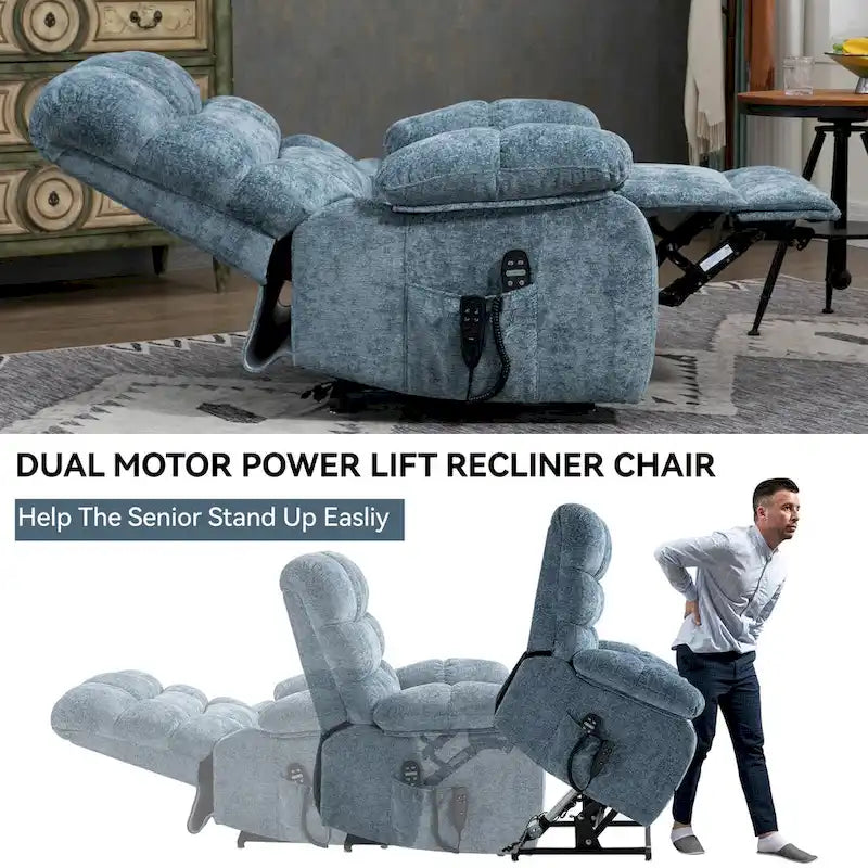 Fauteuil inclinable releveur avec massage et chauffage, double moteur, tissu chenille