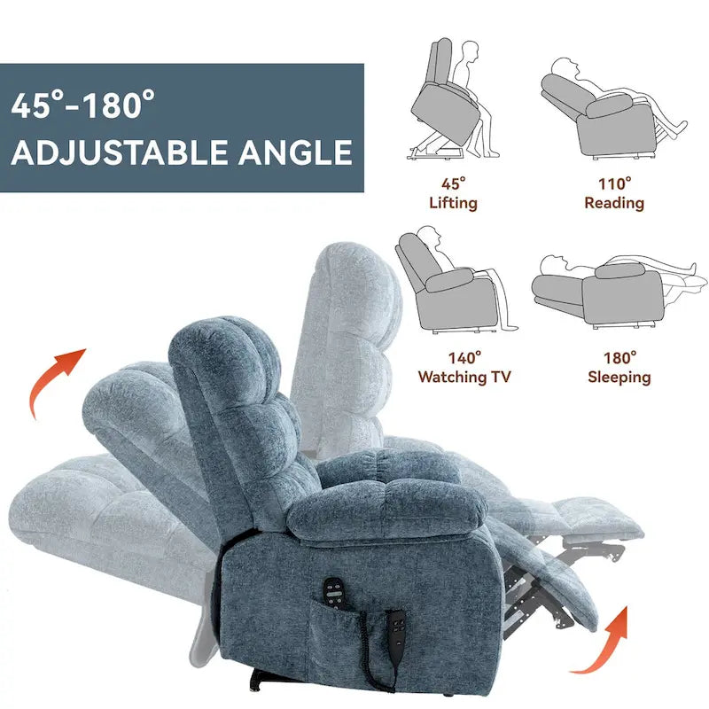 Fauteuil inclinable releveur avec massage et chauffage, double moteur, tissu chenille