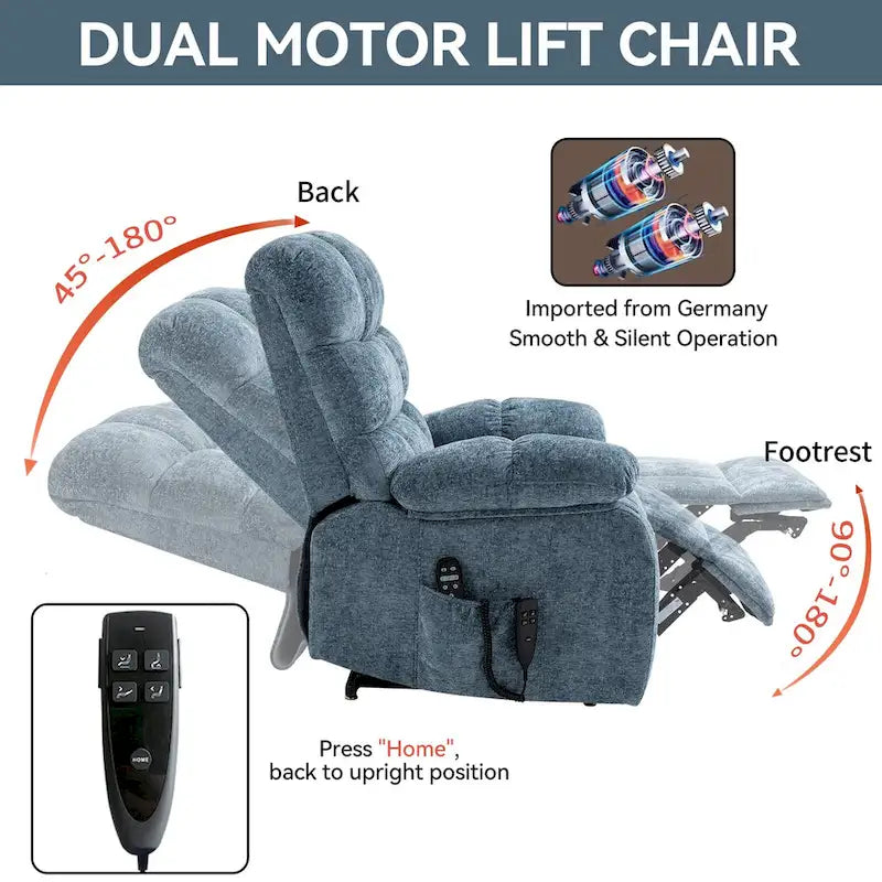 Fauteuil inclinable releveur avec massage et chauffage, double moteur, tissu chenille