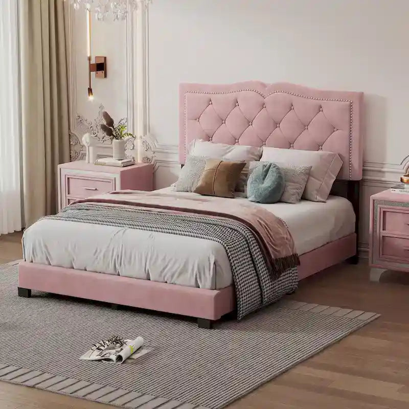 Lit rembourré en velours avec tête de lit capitonnée, pleine grandeur – Rose
