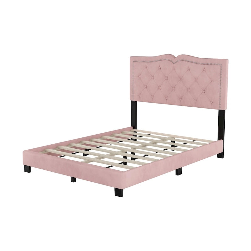 Lit rembourré en velours avec tête de lit capitonnée, pleine grandeur – Rose