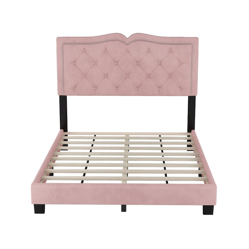 Lit rembourré en velours avec tête de lit capitonnée, pleine grandeur – Rose