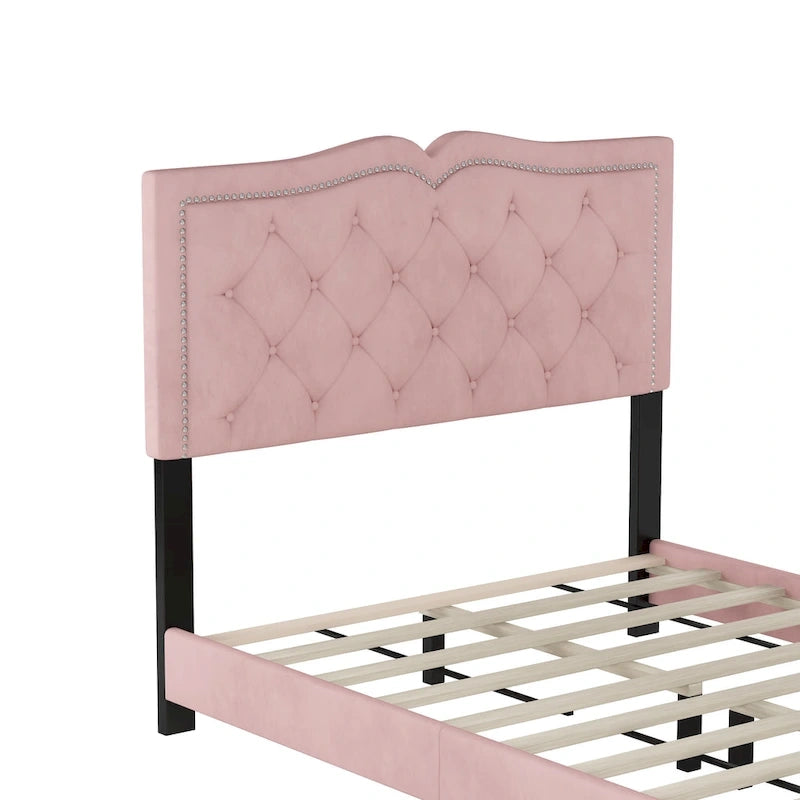 Lit rembourré en velours avec tête de lit capitonnée, pleine grandeur – Rose