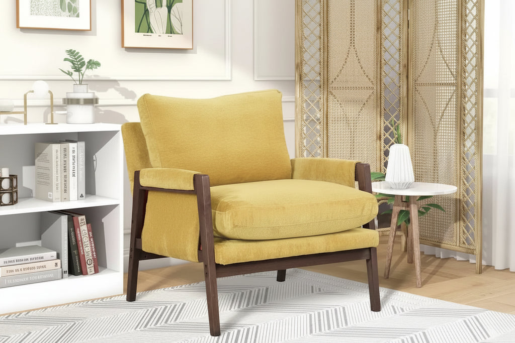 Yellow Mid-Century Modern 35.4 Velvet Arm Chair with Solid Rubber Wood Frame and Padded Feet