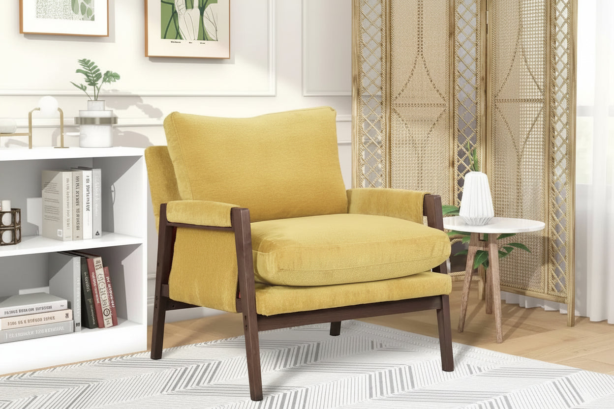 Yellow Mid-Century Modern 35.4 Velvet Arm Chair with Solid Rubber Wood Frame and Padded Feet