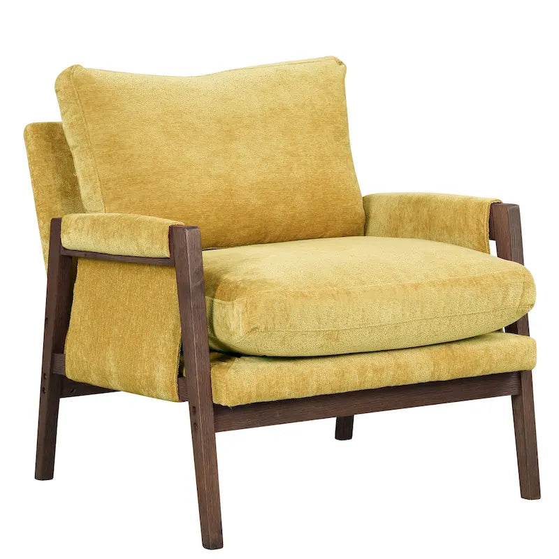Fauteuil en velours jaune avec cadre en bois d'hévéa et pieds rembourrés