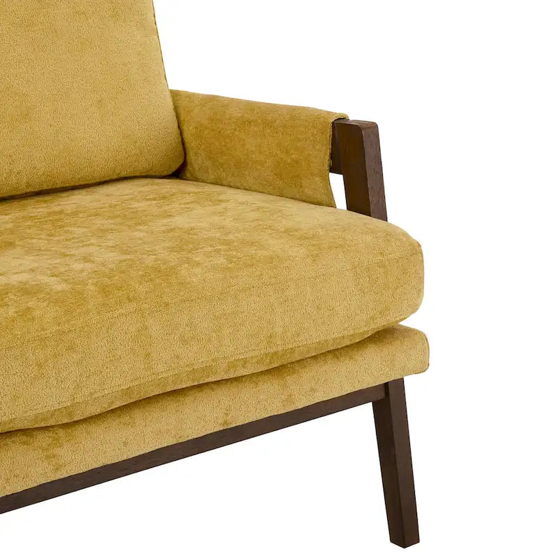 Fauteuil en velours jaune avec cadre en bois d'hévéa et pieds rembourrés
