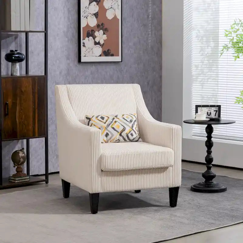 Fauteuil d'appoint rembourré beige avec accoudoirs incurvés et pieds en bois d'hévéa