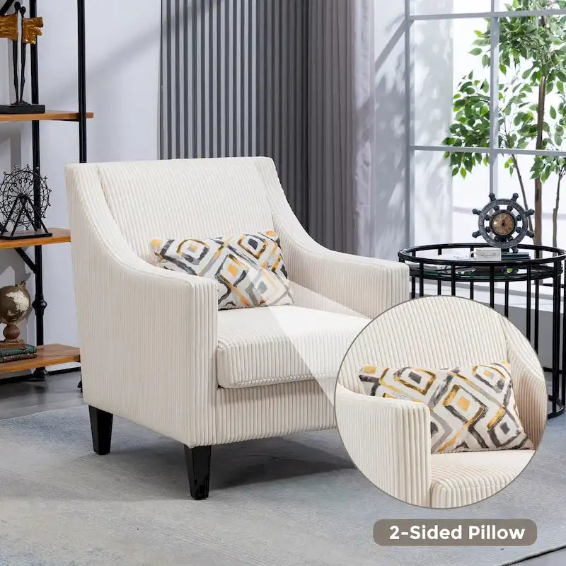 Fauteuil d'appoint rembourré beige avec accoudoirs incurvés et pieds en bois d'hévéa
