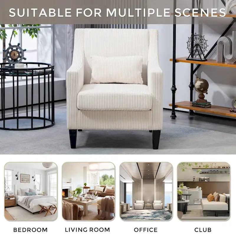 Fauteuil d'appoint rembourré beige avec accoudoirs incurvés et pieds en bois d'hévéa